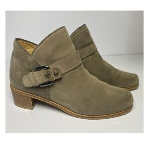 Stuart Weitzman Dude Taupe Suede Buckle Block Heel Ankle Bootie Women Sz 8.5